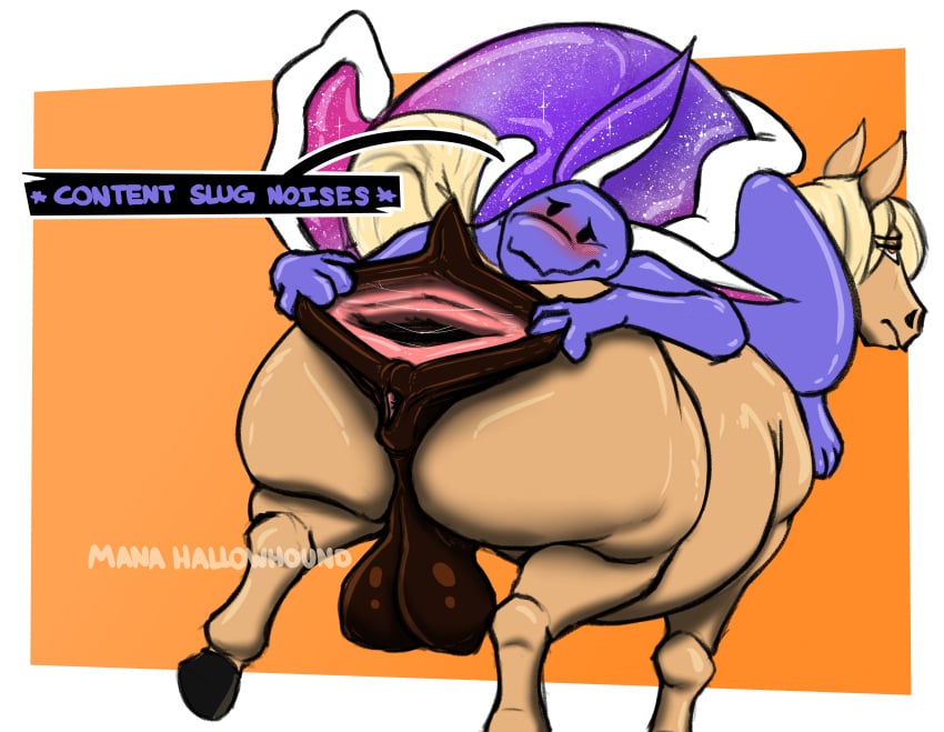 absurd_res blush crotchboobs dessert doughnut duo equid equine female feral food furry gape gastropod hi_res hooves horse hyper male male/female mammal manahallowhound mollusk presenting raised_leg raised_tail slug spreading stretched_anus