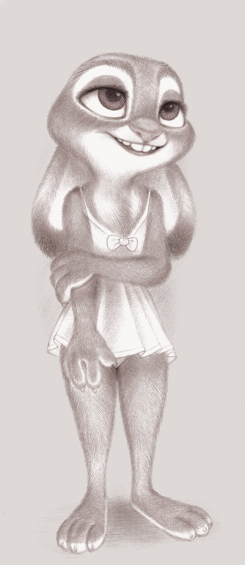 absurd_res anthro barefoot buckteeth clothed clothing dipstick_ears disney dress ears_back feet female flat_chest flat_chested fuchs greyscale hi_res judy_hopps lagomorph leporid looking_up mammal monochrome multicolored_ears no_underwear pivoted_ears rabbit smile solo standing teeth traditional_media_(artwork) zootopia