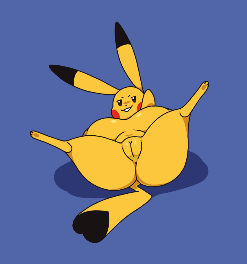 anthro anthrofied big_breasts breasts cosplay_pikachu female fur furry furry_only large_breasts nintendo nipples nsfwoaf pikachu pokémon_(species) pokemon presenting presenting_pussy pussy pussy_mound shortstack simple_background spread_legs tail thick_thighs