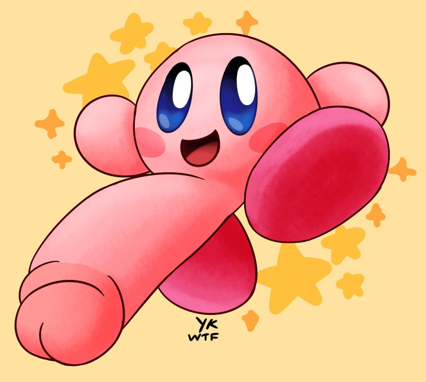 absurd_res action_pose anthro big_penis blush blush_stickers english_text erection feet genitals hi_res huge_cock humanoid_genitalia humanoid_penis jumping kirby kirby_(series) looking_at_viewer male male_only nintendo not_furry open_mouth penis penis_tip pose profanity simple_background smile solo solo_focus star text video_games waddling_head yellow_background yungknight