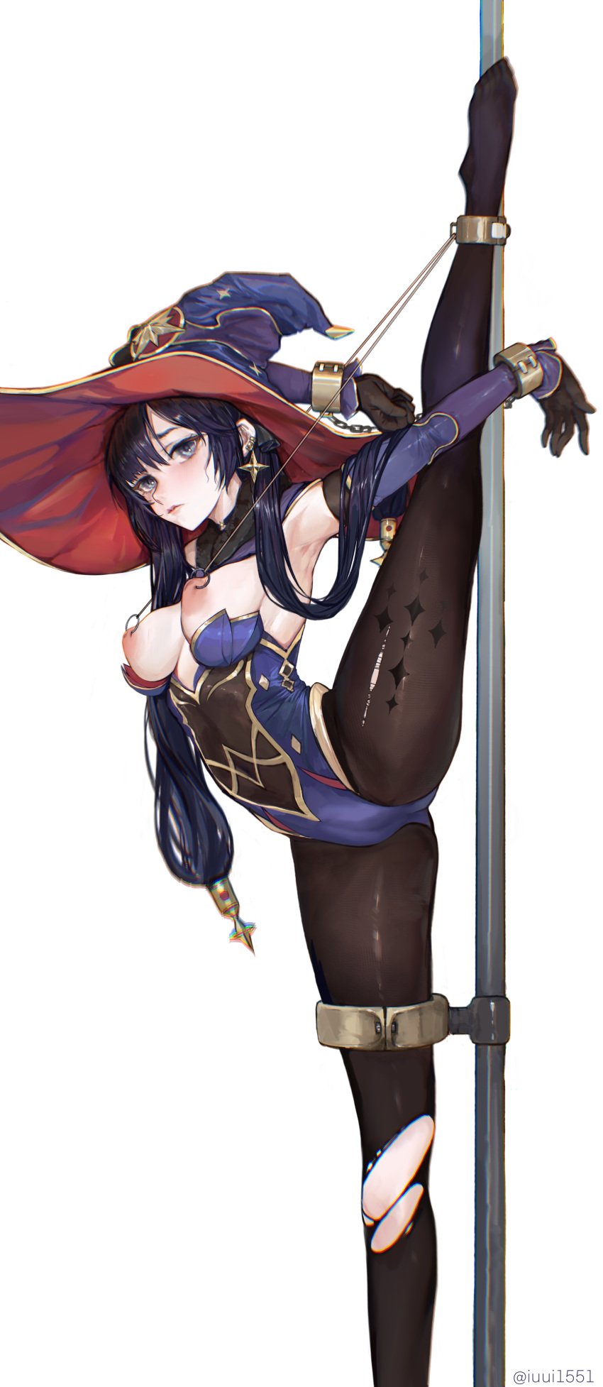 1girls armpits blue_eyes blush bondage bound bound_ankles bound_wrists breasts breasts_out cameltoe chains clothed clothed_female earrings female female_focus female_only genshin_impact hat inverted_nipples iuui leg_up long_hair mona_(genshin_impact) nipple_piercing nipple_rings nipples pinup pole purple_hair simple_background small_breasts solo solo_female splits thighs torn_thighhighs vertical_splits westking wizard_hat