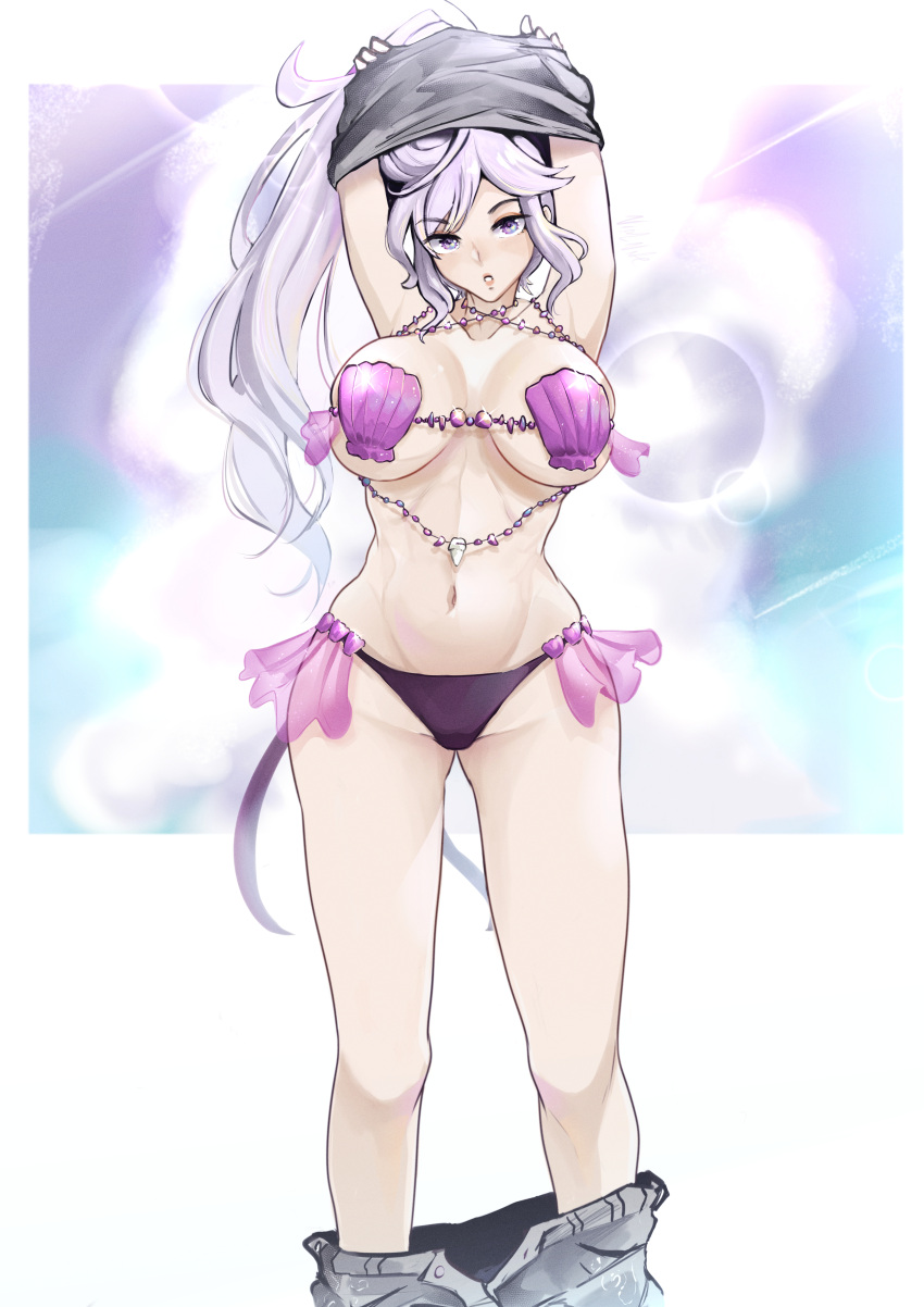 1girls alternate_costume bad_censor bare_legs bikini censored commission corrin_(female)_(fire_emblem)_(cosplay) cosplay covered_nipples covering fire_emblem fire_emblem:_genealogy_of_the_holy_war ishtar_(fire_emblem) large_breasts long_hair looking_at_viewer nintendo pants_down ponytail purple_eyes purple_hair seashell seashell_bra shell_bikini solo solo_female undressing vialnite