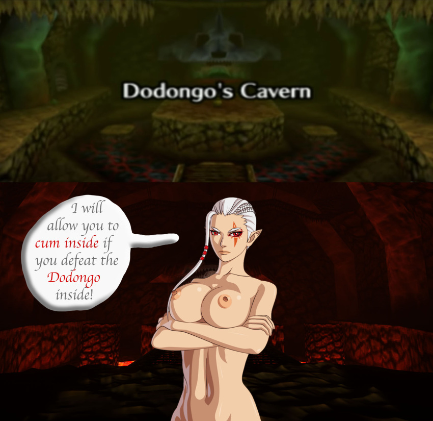 big_breasts breasts completely_nude crossed_arms dodongo female_abs female_only hyrule_warriors impa impa_(hyrule_warriors) nintendo nude ocarina_of_time snivythesuperior text text_bubble the_legend_of_zelda