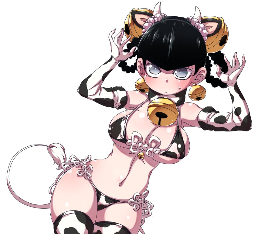 1girls bell bikini black_hair breasts cleavage cow_girl cow_print grey_eyes hanya_(hanya_yashiki) horn large_breasts lin_lin_(one-punch_man) looking_at_viewer navel one-punch_man solo swimsuit tail thick_thighs thighhighs