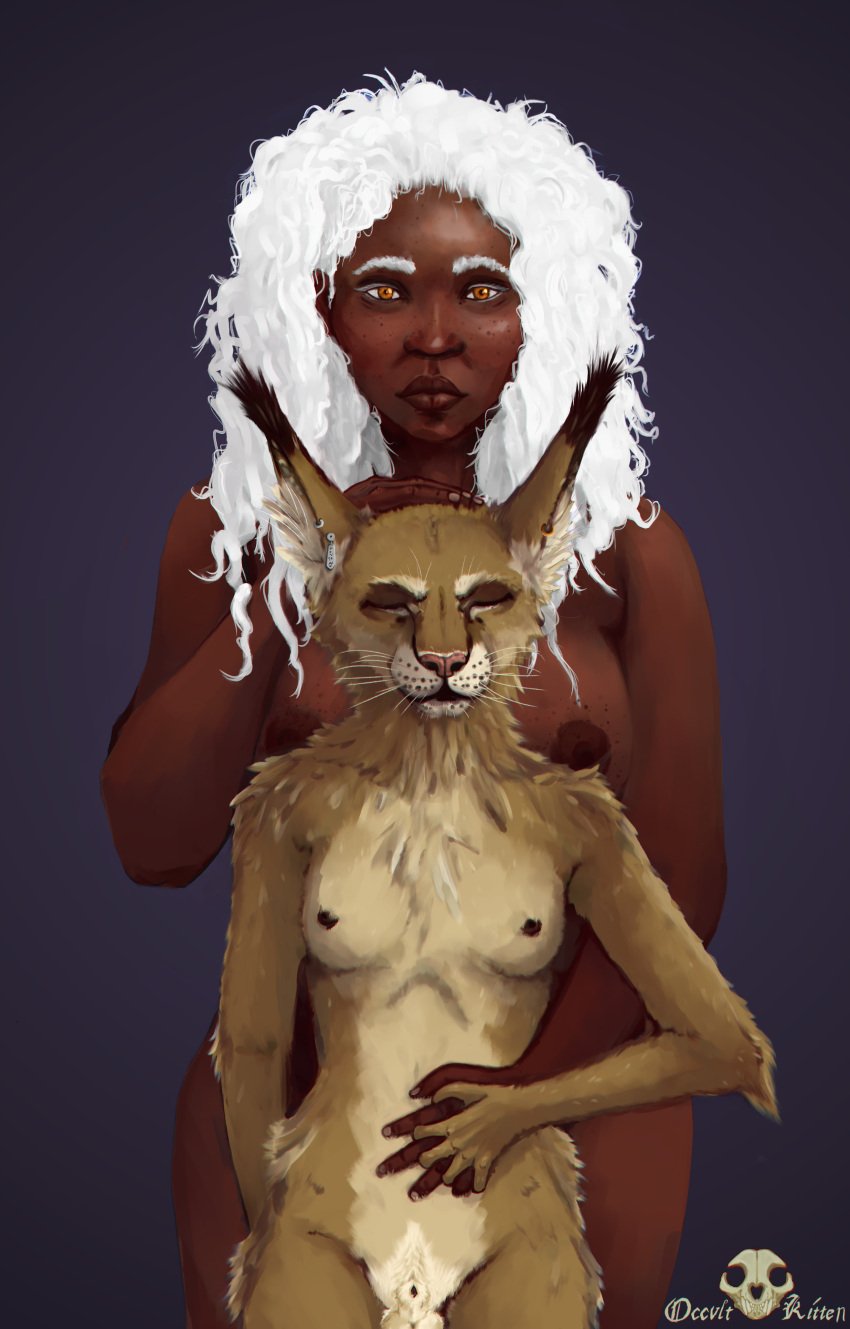 absurd_res amber_eyes animal_genitalia anthro balls breasts chest_tuft closed_eyes dark_body dark_skin duo ear_piercing ear_tuft embrace felid feline female fur genitals gynomorph hair hand_holding hand_on_head hi_res human humanoid inner_ear_fluff intersex intersex/female larger_female mammal occvlt_kitten piercing sheath size_difference small_breasts smaller_gynomorph smaller_intersex tuft whiskers white_hair yellow_body yellow_fur