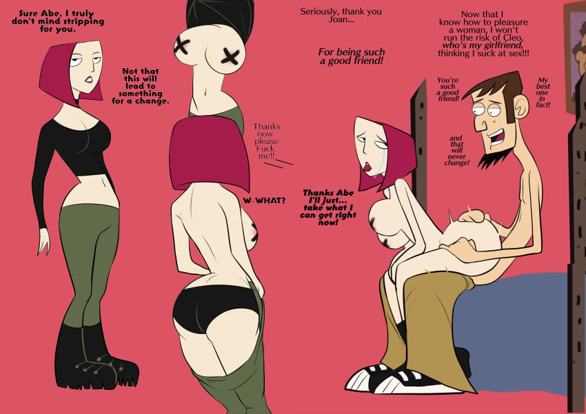 abe_lincoln_(clone_high) ass big_breasts boots breasts brown_hair bubble_butt busty choker clone_high female female_focus from_behind goth hourglass_figure joan_of_arc_(clone_high) large_breasts male mr.russo pale-skinned_female pale_skin panties pasties penetration rear_view reverse_cowgirl_position sex short_hair sideboob sitting sitting_on_lap sitting_on_penis sitting_on_person speech_bubble stripping tears text topless wide_hips