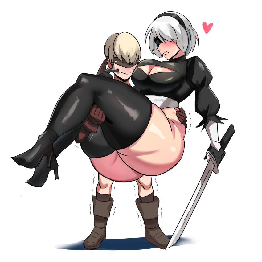 1boy 1girls ass big_ass big_breasts big_butt blindfold breasts carrying curvy_female cute gloves grey_hair heart hearts high_heel_boots huge_ass large_breasts larger_female nier nier:_automata nier_(series) plump plump_ass princess_carry short_hair silver_hair size_difference smaller_male spoken_heart thick_thighs thighhighs thighs trembling white_background wholesome wide_hips yorha_2b yorha_9s ytrall