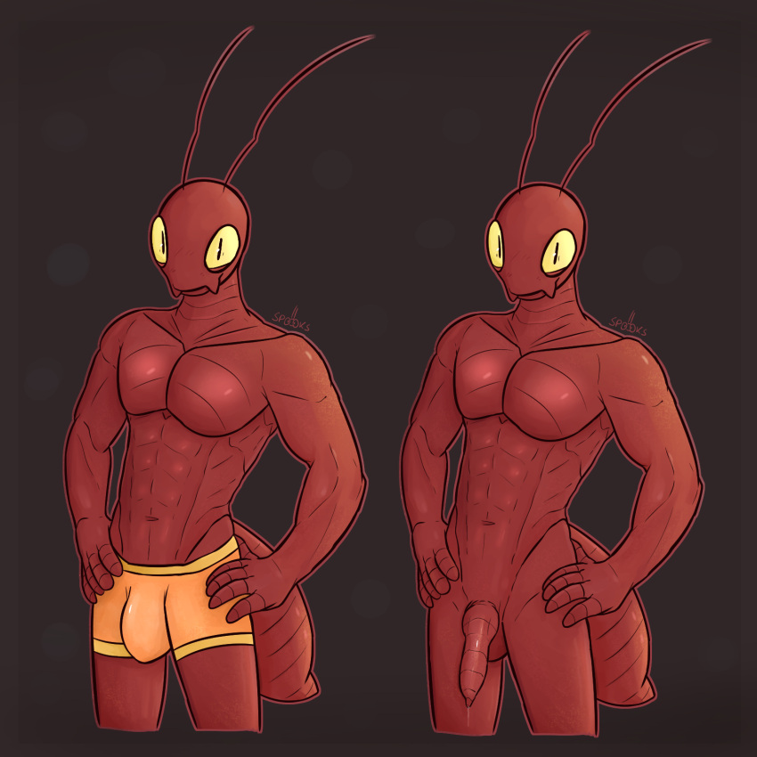 animal_humanoid ant antennae_(anatomy) anthro arthropod arthropod_abdomen arthropod_humanoid bodily_fluids bulge clothed clothing cute_fangs fangs genital_fluids hands_on_hips hi_res humanoid hymenopteran insect_humanoid insects knot male muscular nude partially_clothed pecs pose precum simple_background smile smirk solo spookysauces underwear