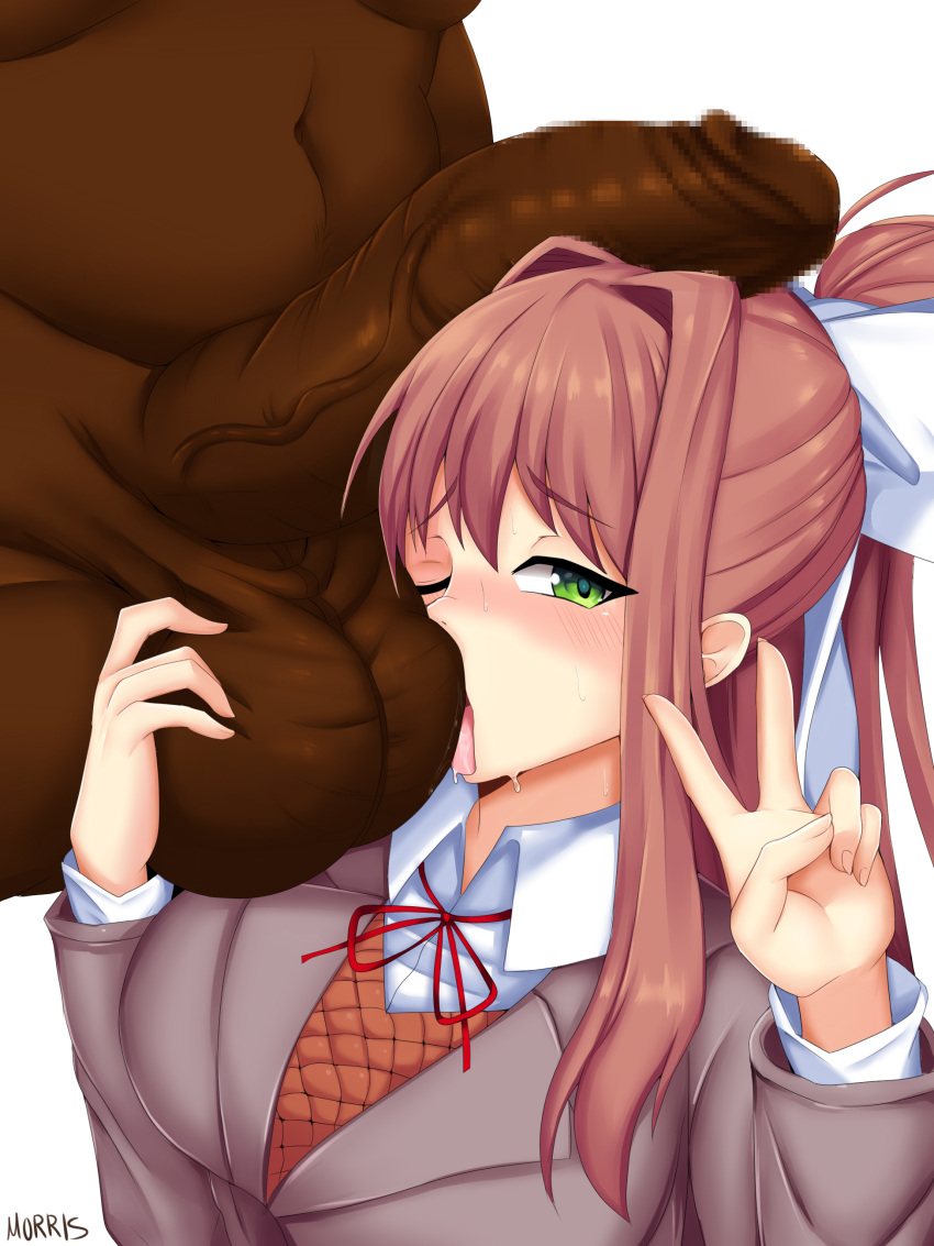 1boy 1girls ball_lick ball_sucking ball_worship ballsack bangs big_balls big_penis brown_hair censored close-up closed dark-skinned_male dark_skin doki_doki_literature_club eyebrows_visible_through_hair fellatio female female_focus femsub flaccid green_eyes huge_cock interracial licking_testicles long_hair male maledom monika_(doki_doki_literature_club) morris mosaic_censoring oral pale-skinned_female pale_skin penis penis_on_head pink_hair saliva selfie sidelocks signature straight sucking_testicles sweat testicles thick_penis v veiny_penis