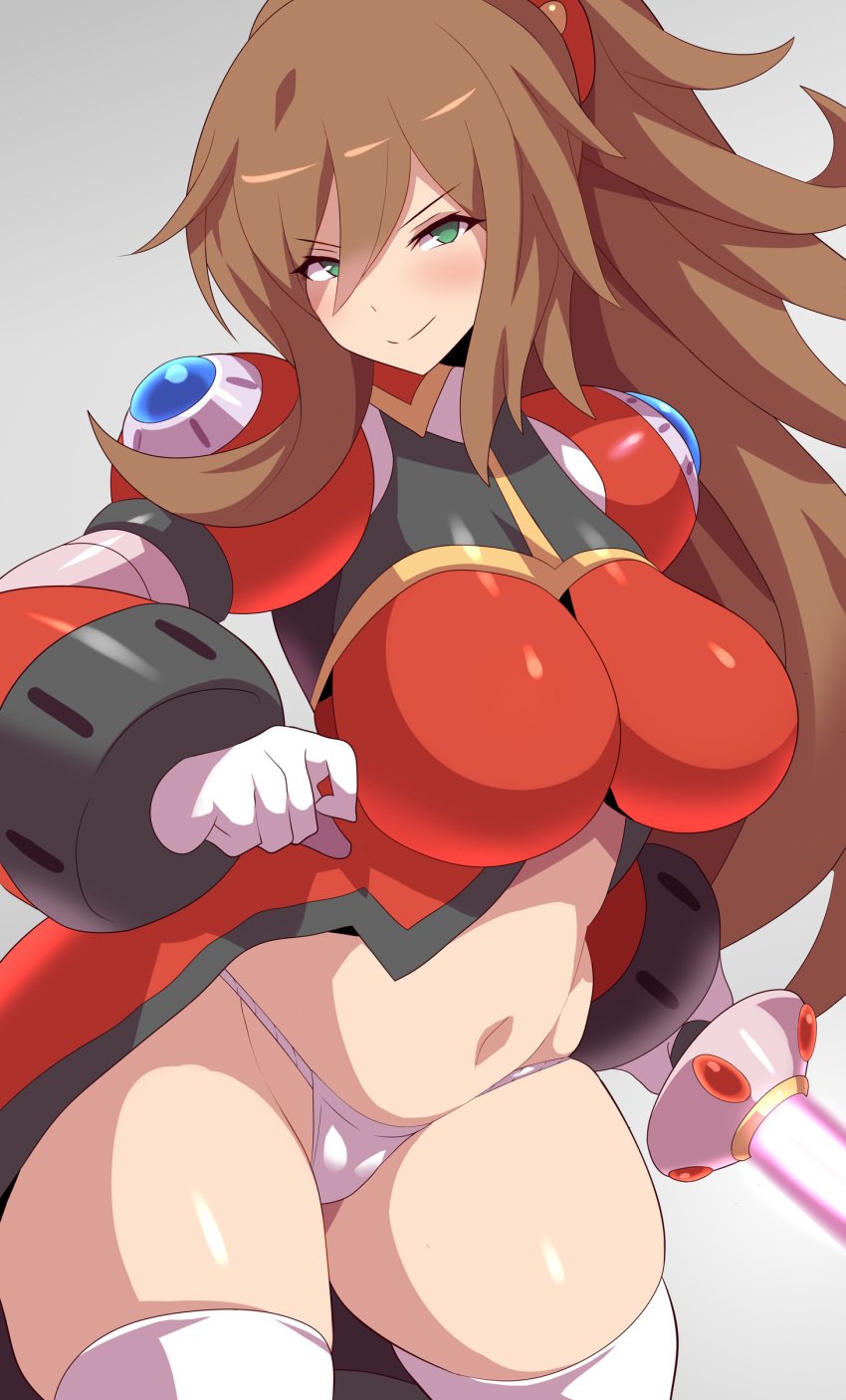 1girls absurd_res android anime_style big_breasts blush breasts brown_hair clothed curvaceous female female_only hi_res iris_(mega_man) iris_-another-_(mega_man) konno_tohiro long_hair mega_man mega_man_x_dive panties reploid robot robot_girl smirk solo solo_female thighhighs thong underwear voluptuous white_background wide_hips zero_(mega_man)