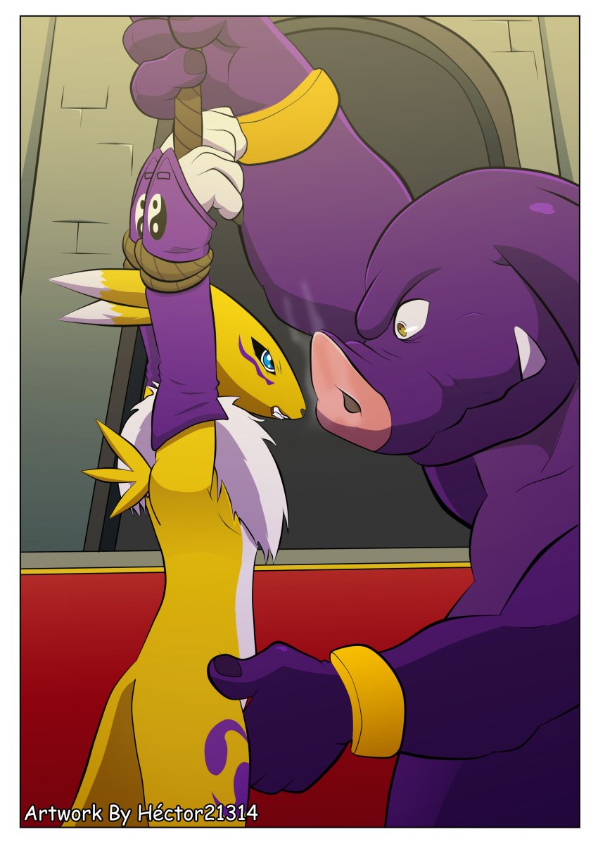 absurd_res angry arms_tied blue_eyes bound canid canine clenched_teeth comic detailed_background digimon digimon_(species) female fingering forced fox fur hector21314 hi_res mammal pig-man purple_body rape renamon teeth ugly_man yellow_body yellow_eyes yellow_fur