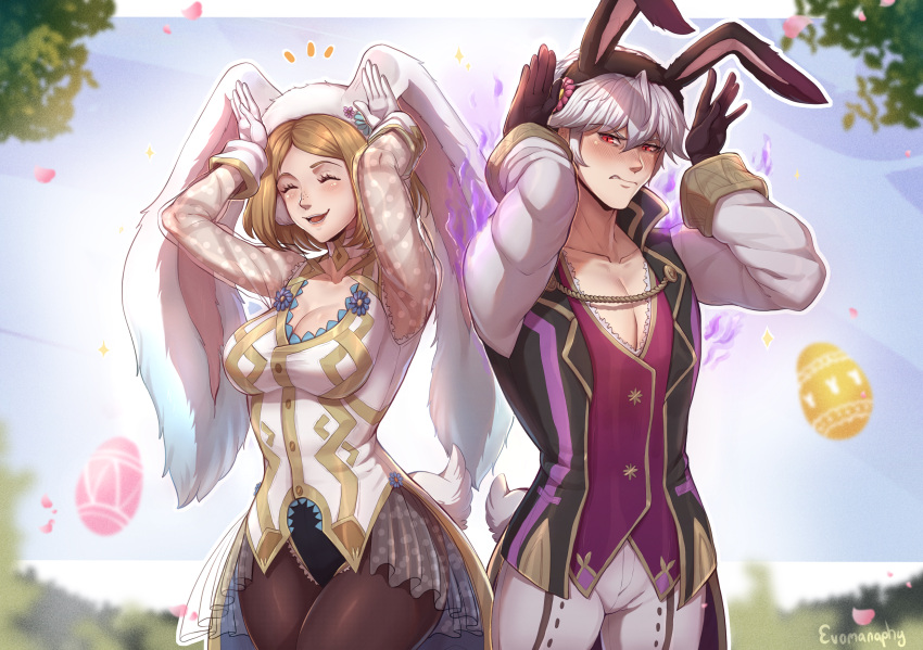 1boy 1girls alternate_costume big_breasts brown_hair bunny_costume bunny_ears bunny_gesture bunny_tail bunnysuit cleavage dragon egg evomanaphy fire fire_emblem fire_emblem_awakening fire_emblem_heroes freckles fully_clothed gloves grima_(fire_emblem) grimace hands_above_head kiran_(fire_emblem) kiran_(fire_emblem)_(female) red_eyes robin_(fire_emblem) robin_(fire_emblem)_(male) see-through see-through_clothing smile straight unamused white_hair