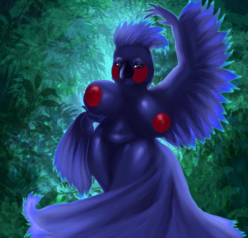 anthro avian beak big_(disambiguation) bird breasts cockatoo dancing feathers female hi_res invalid_tag kiu_piu kri nipples non-mammal_breasts palm_tree parrot plant solo tree