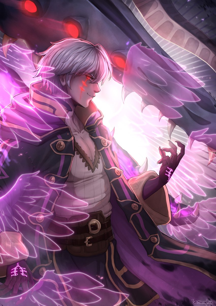 1boy brand_of_the_defile claws curse_mark dragon evomanaphy fire fire_emblem fire_emblem_awakening fire_emblem_heroes flaming_wings grima_(fire_emblem) horn looking_at_viewer magic male_focus male_only multi_eye purple_skin red_eyes robe robin_(fire_emblem) robin_(fire_emblem)_(male) white_hair wings