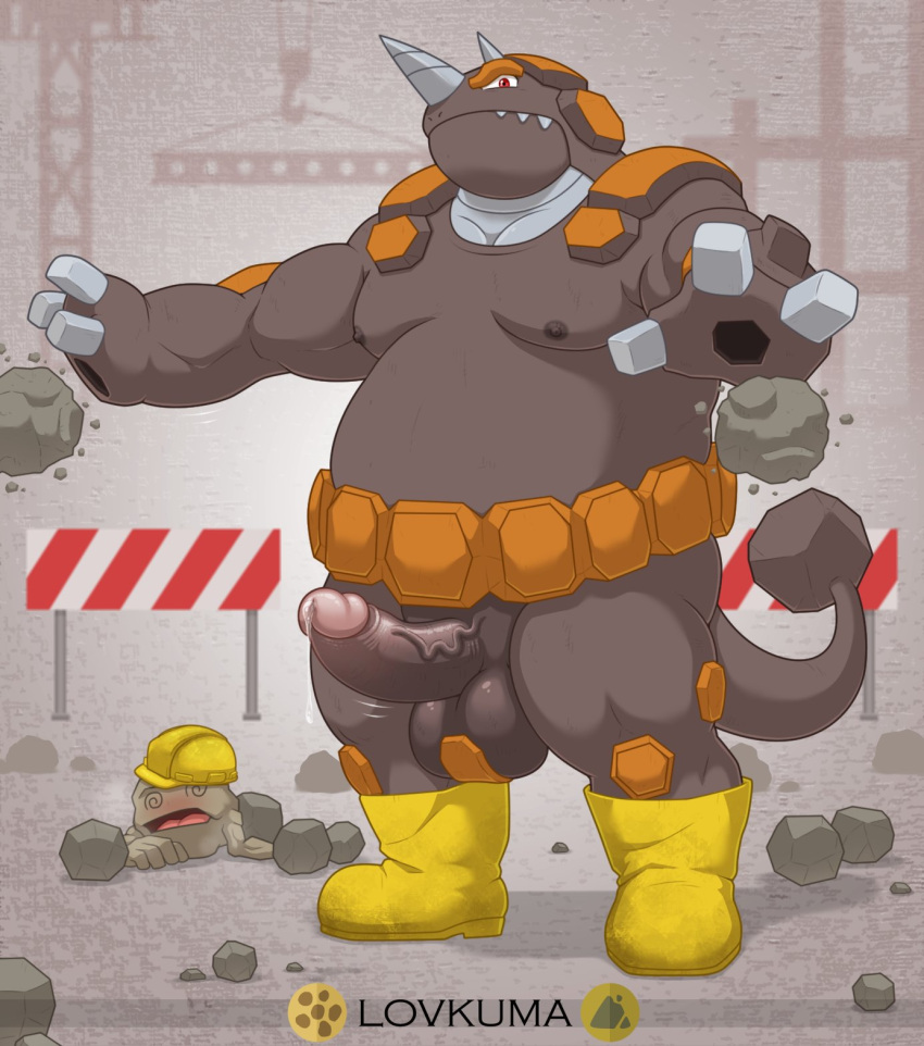 2021 anthro anthro_only anthrofied armor balls barazoku belt biped body_armor boots brown_background brown_body carapace ceratopsian clothing crane_(machine) dinosaur duo elemental_creature erect_tail erection footwear footwear_only genitals geodude hard_hat headgear helmet hi_res hole_(anatomy) horn humanoid_genitalia humanoid_penis invalid_tag lovkuma male male_only mineral_fauna moobs mostly_nude nintendo nipples ornithischian overweight overweight_anthro overweight_male palms penis pokémon_(species) pokémorph pokemon reptile rhyperior rock rock_creature rubble scaffolding scalie sharp_teeth shoes shoes_only signature simple_background solo_focus spiral_eyes steel tail_club teeth text thick_penis underbite vein veiny_penis video_games