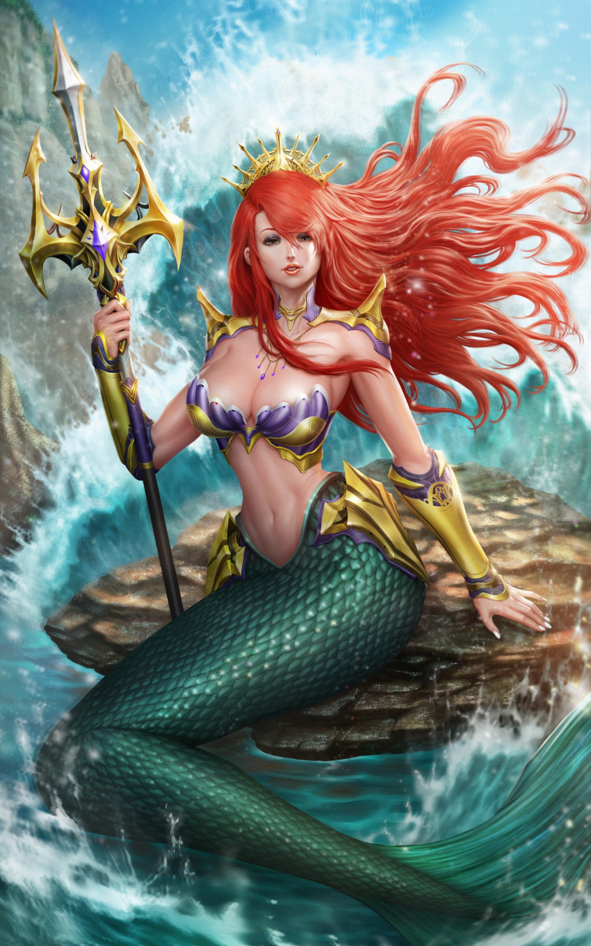 1girls bikini_armor chris_ng chrisnfy85 cleavage crown eric_vall female female_only fully_clothed gauntlets green_eyes large_breasts long_hair mermaid princess princess_ariana princess_master_(series) princess_master_2 realistic red_hair revealing_clothes royalty sea solo trident unconvincing_armor voluptuous