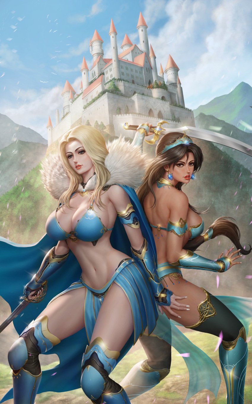 2girls bikini_armor blonde_hair blue_eyes brown_eyes brown_hair cape chris_ng chrisnfy85 cleavage eric_vall female female_only fingerless_gloves fully_clothed gauntlets huge_breasts large_breasts loincloth long_boots multiple_girls princess princess_cienna princess_jessamine princess_master princess_master_(series) revealing_clothes royalty skimpy_clothes stockings sword unconvincing_armor very_long_hair voluptuous