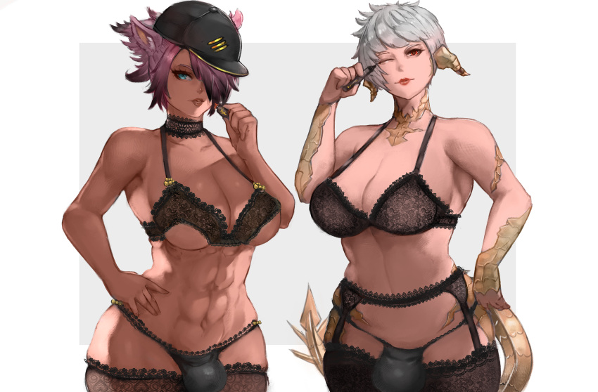 2futas abs au_ra baseball_cap black_hair blue_eyes bra bulge cat_ears cat_tail catgirl dickgirl eyeliner eyeshadow final_fantasy final_fantasy_xiv futa_only futanari hair_over_one_eye hat horns large_breasts lingerie lipstick looking_at_viewer maika_fuyusami makeup miqo'te multicolored_hair muscular muscular_female muscular_futanari panties panty_bulge pink_hair red_eyes scales stockings tail ttmizu1 white_hair zephyr_winds