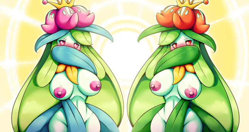 alternate_color blush breasts digital_media_(artwork) duo female hand_covering_face hand_covering_pussy latiar leaf leaf_hair lilligant mouth_covered nintendo nipples plant plant_hair pokémon_(species) pokemon pseudo_hair tagme video_games