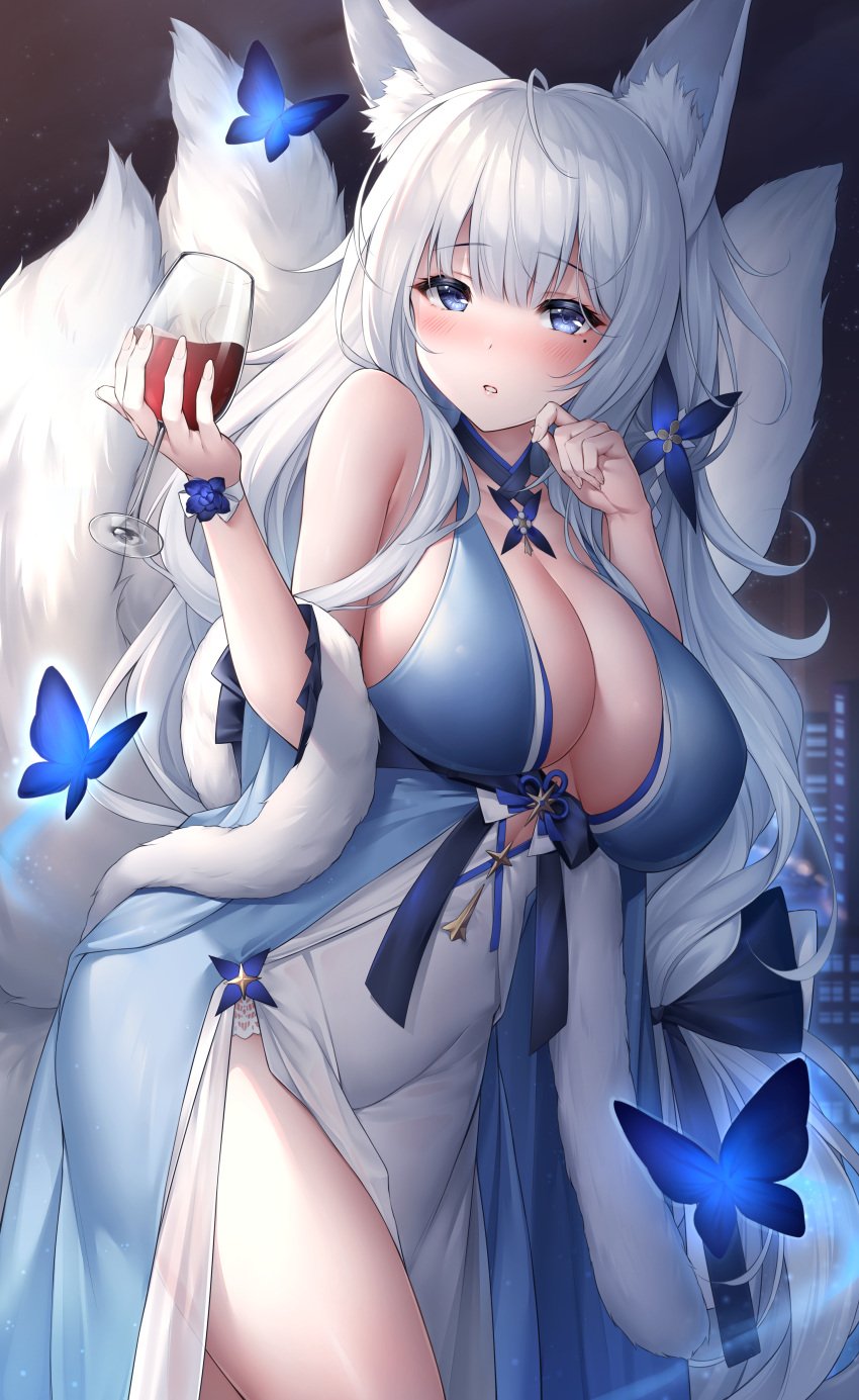 1girls absurd_res animal_ears azur_lane big_breasts blue_background blue_butterfly blue_dress blue_eyes blush bowtie butterfly cleavage collar dress female fox_ears fox_tail highres kitsune large_breasts no_bra oyuwari shinano_(azur_lane) white_background wine wine_glass yuwari_ume