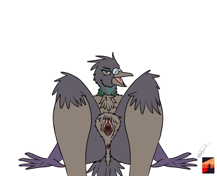 absurd_res anthro anus avian beak bent_legs bird columbid connie_mcconnel divas evil_grin feathers female gaping gaping_pussy genitals hands hi_res lying on_back open_beak open_mouth pigeon pussy rock_dove smile solo spread_legs spreading yellow_eyes