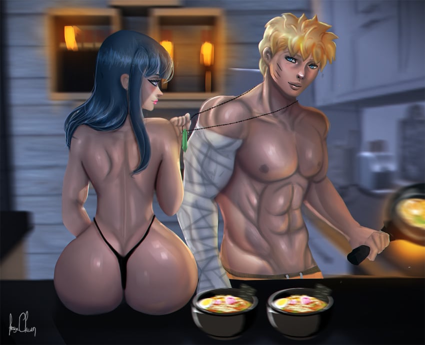 abs back_view bandages big_ass black_hair blonde_hair blue_eyes couple curvy_female dat_ass hourglass_figure hyuuga_hinata imminent_sex kitchen lasgaclaven long_hair muscular_male naruto necklace necklace_pull short_hair thin_waist thong topless uzumaki_naruto voluptuous