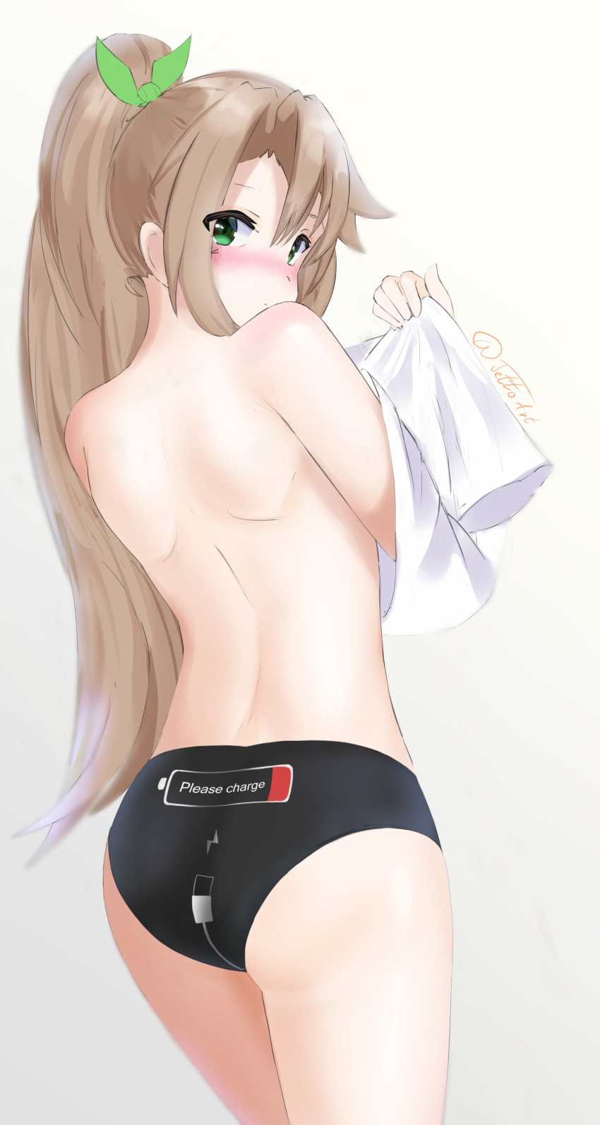 back_view black_panties blush female if_(neptunia) jetkerbal looking_at_viewer neptunia_(series) panties ponytail topless undressing white_shirt