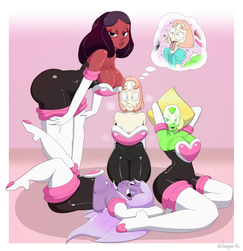 4girls amethyst_(steven_universe) areolae_slip big_breasts breasts cartoon_network crossover_cosplay crystal_gem dangus-llc dark-skinned_female female_focus female_only gem_(species) green_skin human mother multiple_girls nipple_slip pearl_(steven_universe) peridot_(steven_universe) pink_background pinup pose posing priyanka_maheswaran purple_skin pursed_lips rouge_the_bat_(cosplay) simple_background small_breasts steven_universe tagme thick thick_thighs uwu white_skin