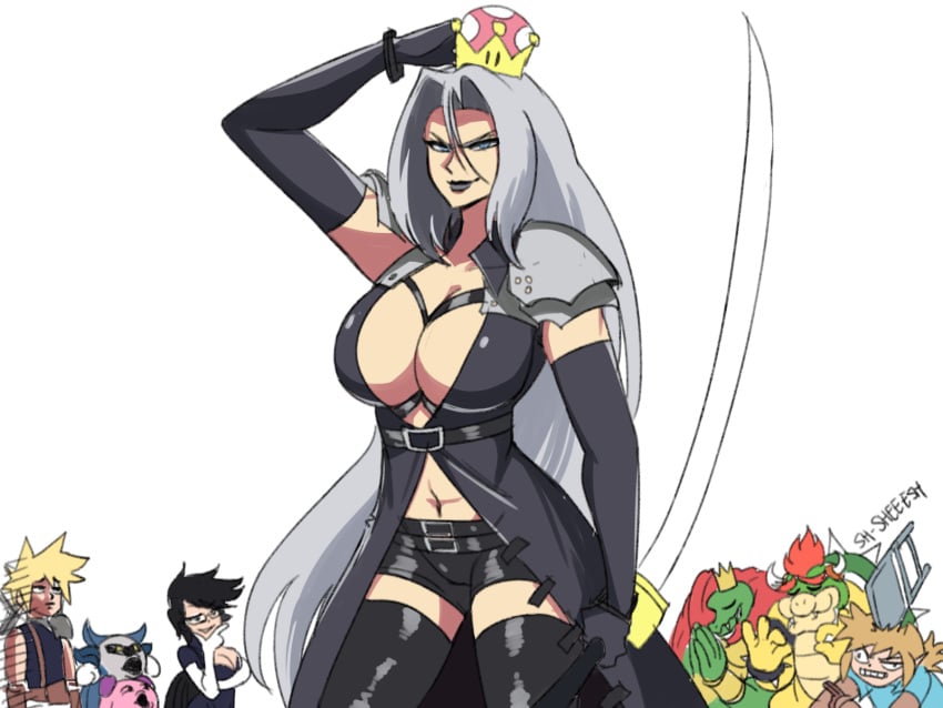 2021 2girls 5boys bayonetta bayonetta_(character) bayonetta_2 big_breasts blue_eyes bowser breasts cleavage cloud_strife crossover elbow_gloves female female_focus final_fantasy final_fantasy_vii folding_chair genderswap genderswap_(mtf) katana king_k._rool kirby kirby_(series) large_breasts leather link long_hair looking_at_viewer mario_(series) meme meta_knight metal_chair navel new_super_mario_bros._u_deluxe nintendo rule_63 sephimom sephiroth shorts silver_hair smile smirk solo_focus super_crown super_mario_bros. super_smash_bros. super_smash_bros._ultimate sword the_legend_of_zelda thighhighs tinafate1 trenchcoat worship