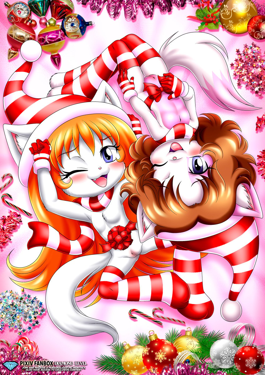 2girls anthro bbmbbf blush cat chani_(ajdurai) christmas diamond_level female female_only furry gloves little_tails looking_at_viewer nude one_eye_closed open_mouth palcomix pietros_secret_club pussy socks tongue zaya_(ajdurai)