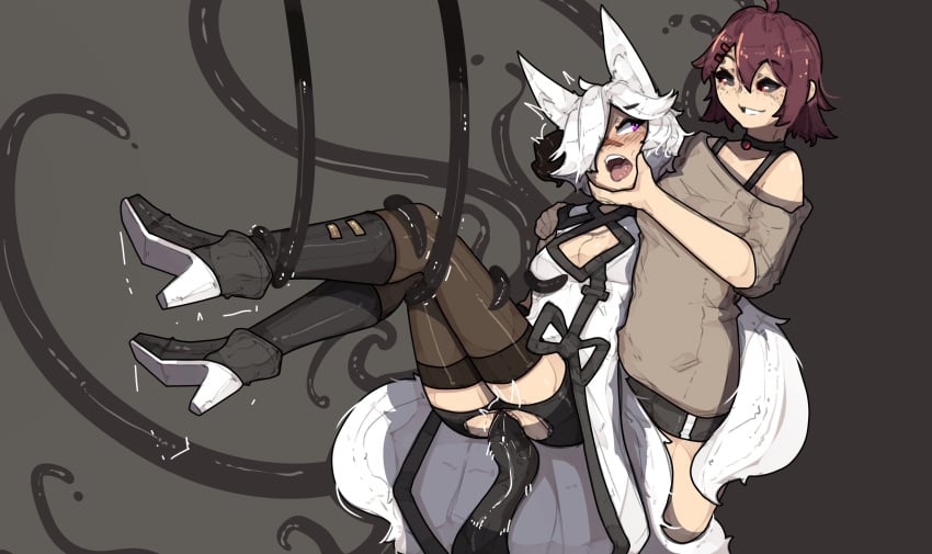 5_fingers absurd_res accessory ahoge aio_(shuuko) animal_humanoid bike_shorts black_sclera black_tentacles black_thigh_highs blush bodily_fluids boots bottomwear breasts canid canid_humanoid canine canine_humanoid cherry_(cherriip0p) choker cleavage clothed clothing collarbone demon dress duo eyebrow_through_hair eyebrows eyelashes_visible_through_hair facial_scar female female/female fingers footwear fox_humanoid freckles fur genital_fluids genitals glistening glistening_clothing grey_background hair hair_accessory hairclip hi_res high_heeled_boots high_heels humanoid inner_ear_fluff jewelry legwear looking_at_another looking_back mammal mammal_humanoid multi_tail necklace open_mouth penetration pmc_promiscuity purple_eyes purple_hair pussy pussy_juice red_eyes scar shaking short_hair shorts shuuko simple_background small_breasts smile spats standing stockings suspension teeth tentacle tentacle_around_leg tentacle_sex thigh_highs tongue tongue_out torn_bottomwear torn_clothing torn_shorts translucent translucent_hair trembling tuft vaginal_penetration white_body white_fur white_hair yuri