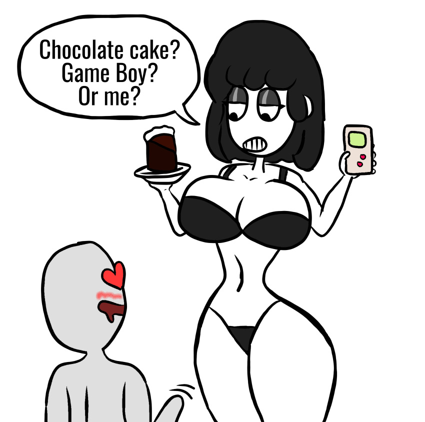 1boy 1boy1girl 1girls big_breasts bikini black_bikini black_hair blush breasts cake chocolate_cake chocolate_cake_gameboy_and_me corndogjoe curvy erection game_boy goth heart_eyes imminent_sex meme original_character panties penis picket_fences_(series) reference seducing short_hair skimpy_clothes speech_bubble taller_girl text throbbing_penis veronica_(saltynoodles) voluptuous white_skin wide_hips