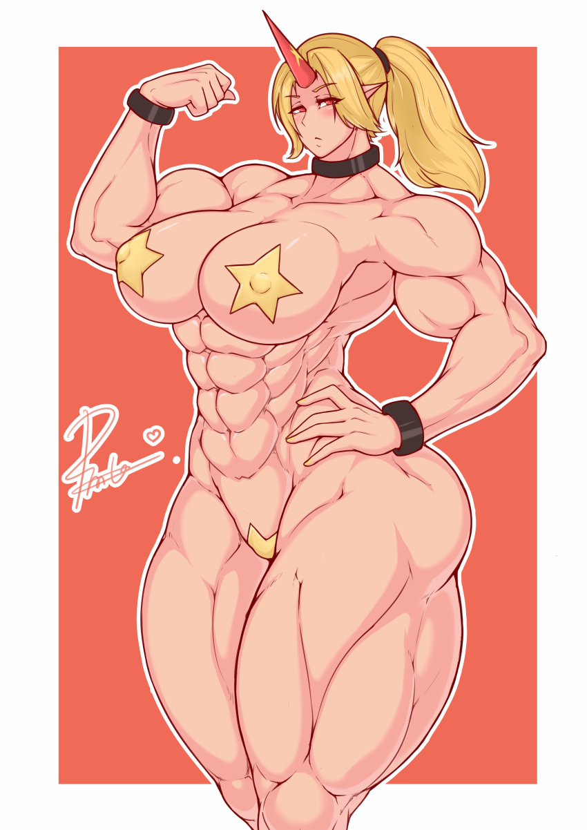 1girls abs areolae big_ass blonde_hair breasts hoshiguma_yuugi large_breasts muscles muscular nude pinkdiablo solo thighs touhou