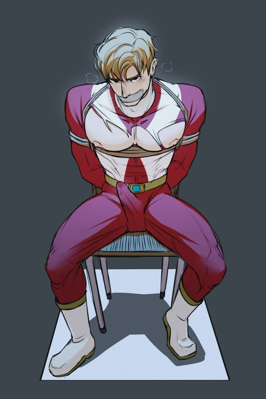 blonde_hair bodily_fluids bondage bulge carter_grayson chair drawthread_request erection_under_clothes gag gagged genital_fluids male male_only pecs power_rangers power_rangers_lightspeed_rescue precum_through_clothing red_ranger rope rope_bondage yaoi