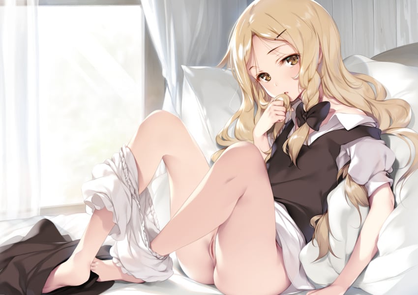 barefoot bed blonde_hair bloomers bow braids brown_eyes ke-ta long_hair marisa_kirisame nopan pussy third-party_edit touhou uncensored