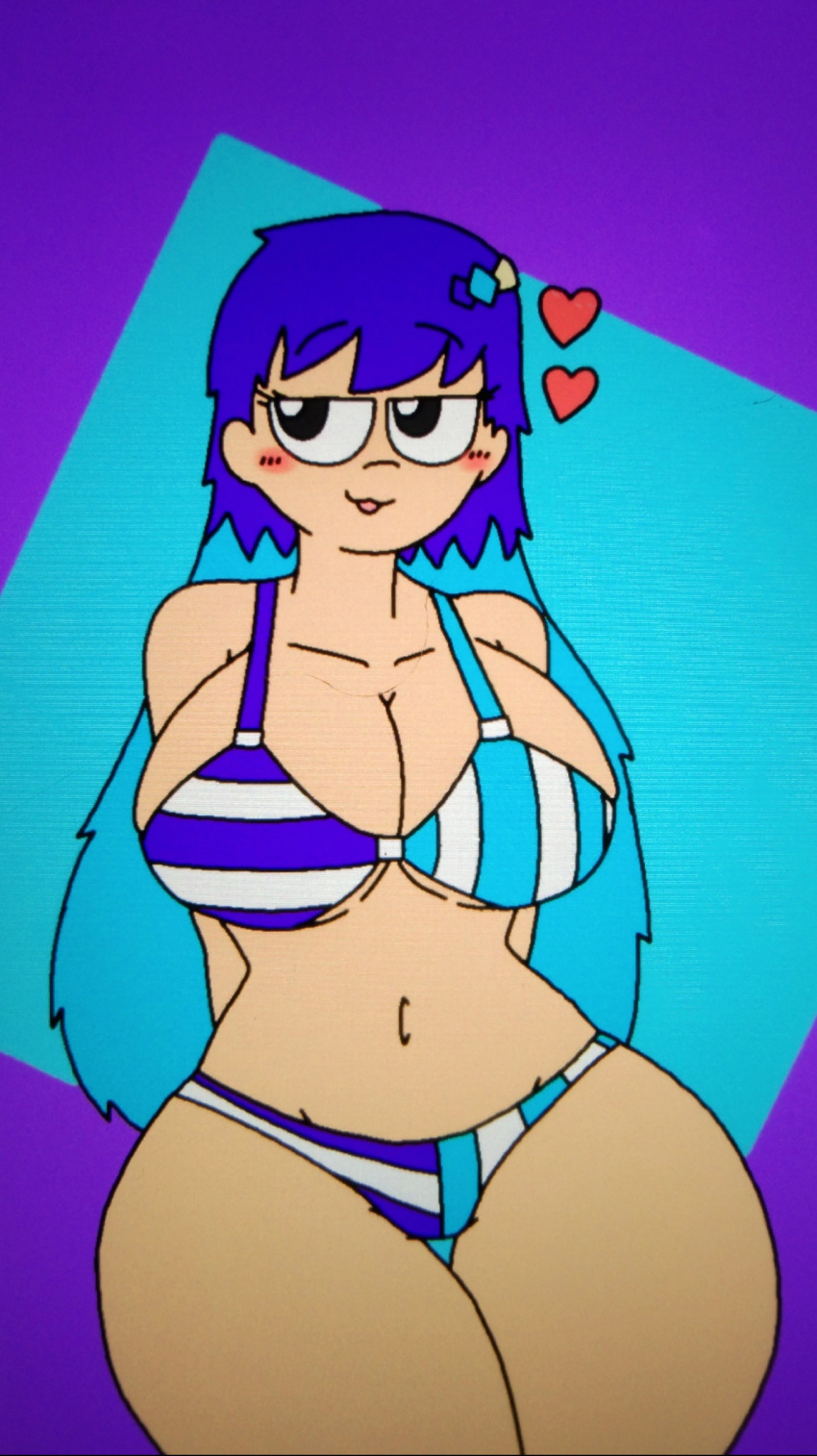 alternate_version_available big_breasts bikini blush cute gwen_(writers_crusaders) hair_clip heart huge_breasts light_blue_hair long_hair open_smile original_character purple_hair seductive_look solo_female striped_bikini thick_thighs thighs tongue_out two_tone_hair wcjuan writers_crusaders