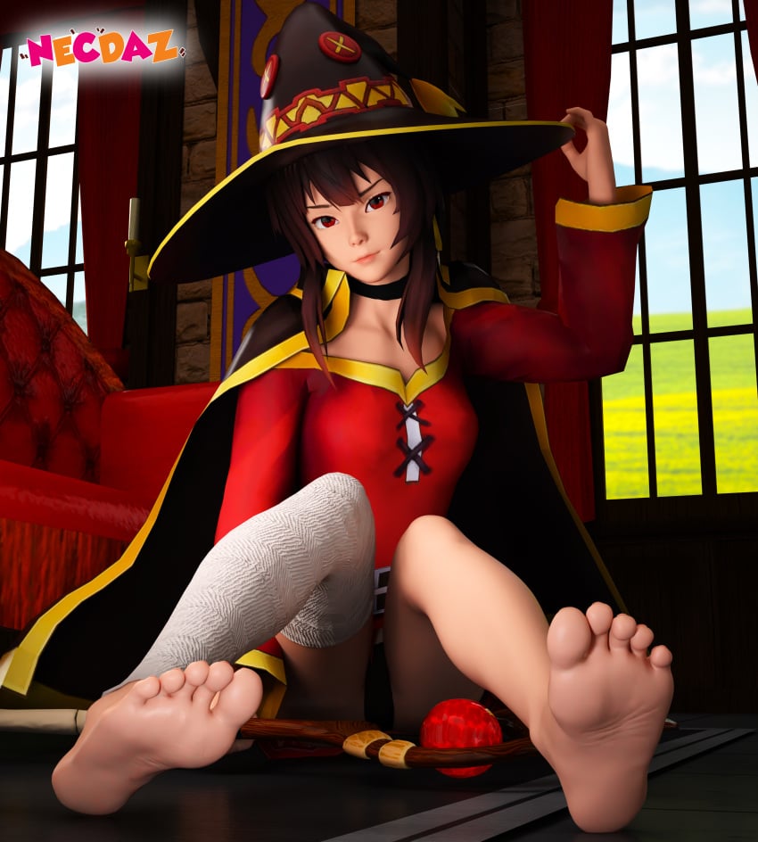 3d adjusting_clothes adjusting_hat aged_up asian_female bandaged_leg bandages barefoot black_underwear breasts brown_hair choker cleavage feet female foot_fetish foot_focus hat high_resolution kono_subarashii_sekai_ni_shukufuku_wo! lips long_hair looking_at_viewer megumin necdaz91 older red_eyes sitting soles solo toes very_high_resolution wand witch_hat