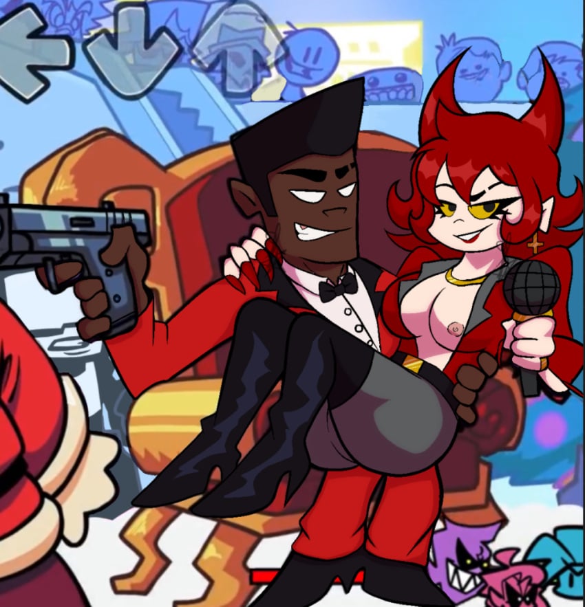 1boy 1girls big_breasts black_hair breasts cassandra_(newgrounds) casual casual_exposure casual_nudity dark-skinned_male darnell_(newgrounds) dilf ear_piercing earrings female firearm friday_night_funkin gun handgun high_heels interracial jewelry lipstick long_nails microphone milf mixed_couple newgrounds nipple_slip nipples pale-skinned_female pico's_school pistol red_hair smile weapon white_eyes yanrinalla yellow_sclera