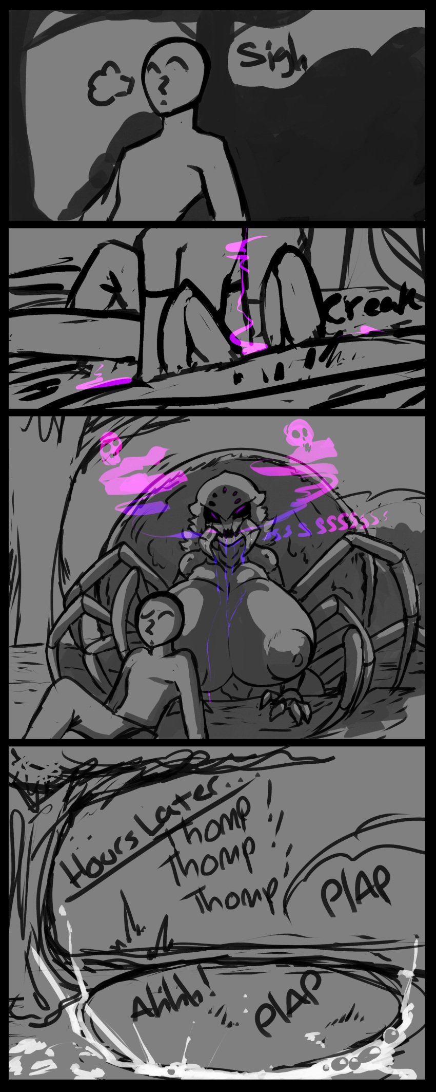 1boy 1girls anthro arachnid big_breasts breasts breath comic cum death_by_snu_snu english_text excessive_cum fangs female femdom gigantic_breasts huge_breasts human imminent_rape imminent_sex implied_sex instant_loss_2koma interspecies line_art male male_human/female_anthro manhole monster_girl original_character rape repomorame reverse_rape saliva sex sketch skull sound_effects spider text