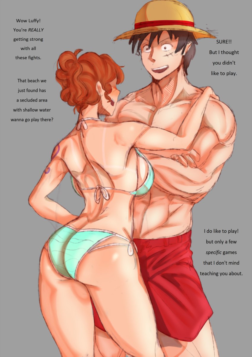 1boy 1girls bikini female female_focus male monkey_d_luffy mr.russo muscular_male nami one_piece post-timeskip red_hair shounen_jump swimming_trunks tagme