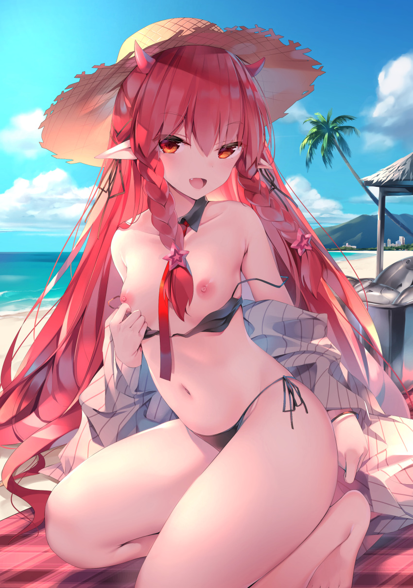 1girls areolae arknights barefoot beach beach_towel black_bra black_panties black_swimsuit blush bra bracelet braids breasts breasts_out chen_bin demon_girl demon_horns exposed_breasts female fish hair_ribbon hat highres horns legs long_hair navel nipples ocean open_mouth open_smile palm_tree panties pointy_ears presenting presenting_breasts red_eyes red_hair seductive sky small_breasts smile solo_female squatting straw_hat swimsuit thick_thighs thighs vigna_(arknights)