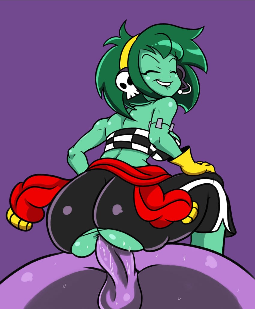 1boy 1girls alternate_costume anal anal_sex ass biting_lip closed_eyes drillslewds green_hair green_skin looking_pleasured pit_crew rottytops shantae smooth_skin wayforward zombie zombie_girl