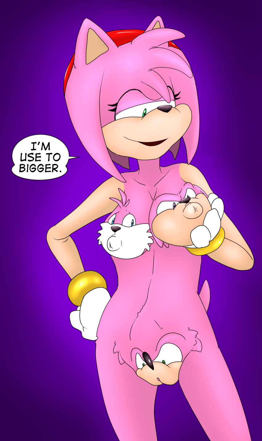 2017 4_fingers absorption_vore absurd_res amy_rose anthro black_nose breast_transformation breasts canid canine clothing collarbone echidna english_text eulipotyphlan female fingers fox genitals gloves green_eyes hair handwear hedgehog hi_res kanada knuckles_the_echidna mammal merging monotreme nipples nude pink_body pink_hair purple_background pussy pussy_transformation simple_background sonic_(series) sonic_the_hedgehog tails tan_body text transformation vore