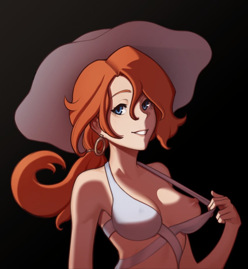 1girls blue_eyes bra bra_lift erect_nipple fellming female female_focus female_only ginger hat looking_at_viewer nipple original original_character red_hair red_hair sideboob solo solo_female solo_focus teasing undressing