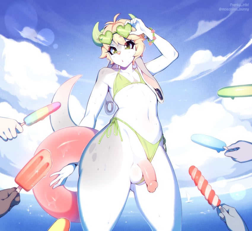 anthro balls bikini bikini_aside blonde_hair clothed clothing clothing_aside cloud crossdressing digital_media_(artwork) ear_piercing femboy food frenky_hw gauged_ear genitals girly green_eyes hair heart_glasses hi_res humanoid_genitalia humanoid_penis inflatable inner_tube male outside penis piercing popsicle sea shaded side-tie_bikini sky swimwear swimwear_aside water wide_hips