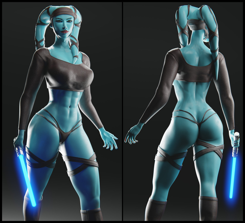 1girls 3d aayla_secura abs alien ass athletic athletic_female attack_of_the_clones back_view blue_lightsaber blue_skin boots breasts brown_clothing busty clothed clothing crop_top el-recondite_(artist) female female_only footwear front_view half-closed_eyes headwear holding_object holding_sword holding_weapon hourglass_figure humanoid jedi jedi_master lightsaber lipstick looking_at_viewer lucasfilm panties pose posing rear_view red_lipstick shirt solo standing star_wars sword twi'lek weapon wide_hips