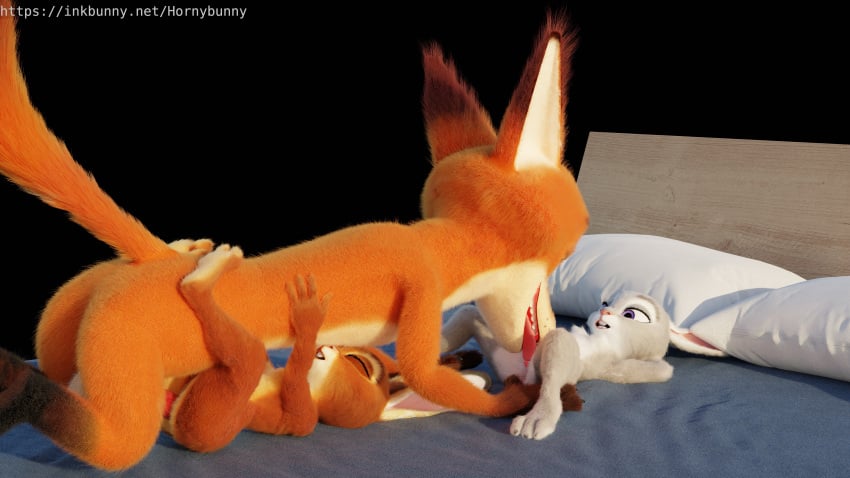 16:9 2021 3_toes 3d_(artwork) 4_fingers 4k absurd_res anthro bed biped brown_body brown_fur canid canine claws closed_eyes cunnilingus digital_media_(artwork) disney erection feet female female_penetrated fingers flat_chested fox from_front_position fur furniture genitals grey_body grey_fur group group_sex hi_res hornybunny judy_hopps lagomorph leporid lying male male/female male_penetrating male_penetrating_female mammal missionary_position nick_wilde on_back open_mouth oral orange_body orange_fur paws penetration penis purple_eyes rabbit sex size_difference text threesome toes tongue trio url vaginal_penetration widescreen zootopia