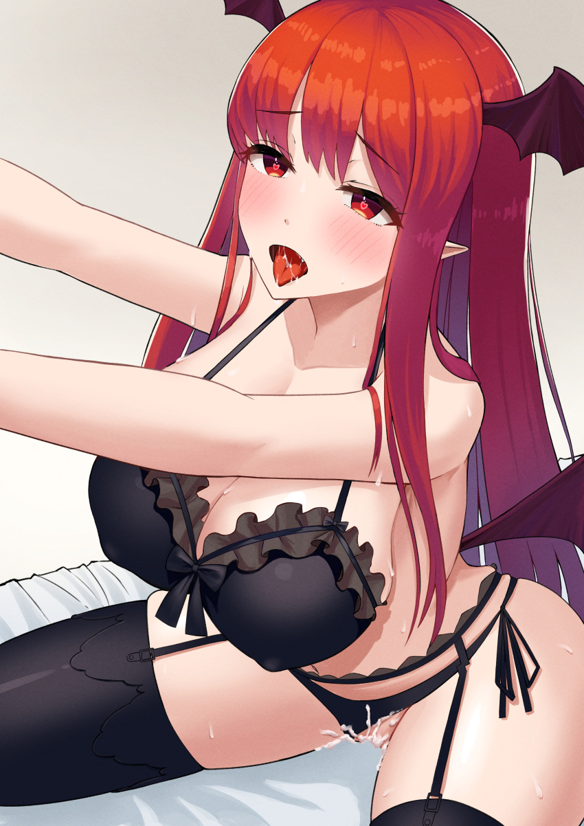 absurdres bangs black_bra black_legwear black_panties blush bra breasts cleavage commentary_request covered_nipples cowboy_shot cum cum_in_pussy demon_girl demon_wings eyebrows_visible_through_hair female garter_belt garter_straps head_wings highres koakuma large_breasts lingerie long_hair open_mouth overflow panties pointy_ears red_eyes red_hair saliva side-tie_panties solo stockings succubus suzume_b thighhighs tongue touhou underwear wings