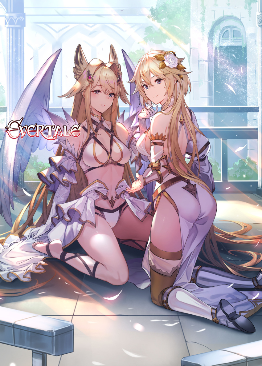 armor bikini_armor dress evertale feet high_resolution horns jeanne_(evertale) no_bra skirt skirt_lift thighhighs very_high_resolution wings yuri