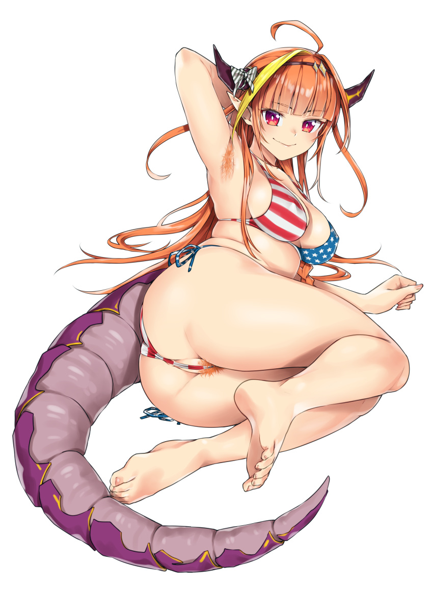 absurd_res american_flag american_flag_bikini animal_humanoid anus ass barefoot bikini breasts clothing dragon dragon_humanoid feet female genitals hair hand_behind_head hi_res holoforce hololive hololive_japan horn humanoid kiryu_coco looking_at_viewer mammal orange_hair pubes pussy skinnysloth slightly_chubby smile solo swimwear virtual_youtuber